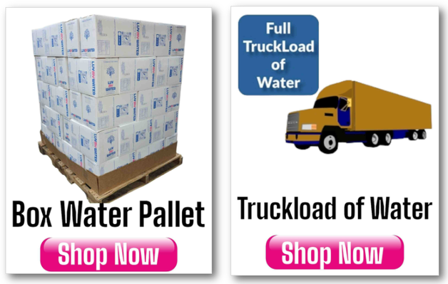 pallets of boxed water and truckload of bottled water